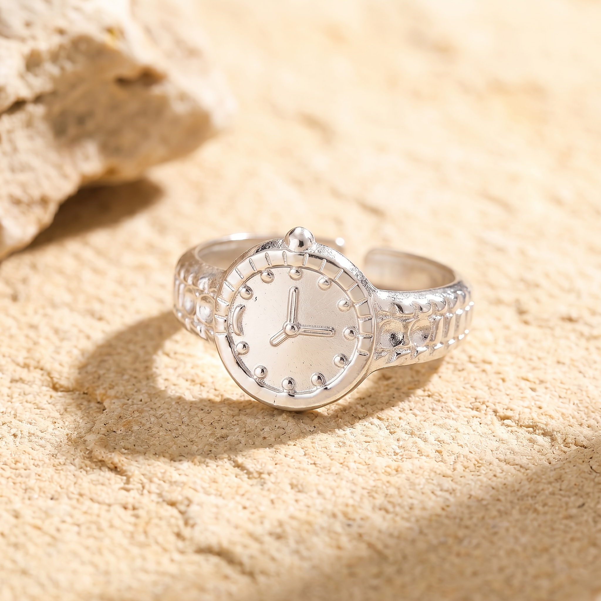 Unisex Vintage Clock Dial Texture Design Stainless Steel Open Ring